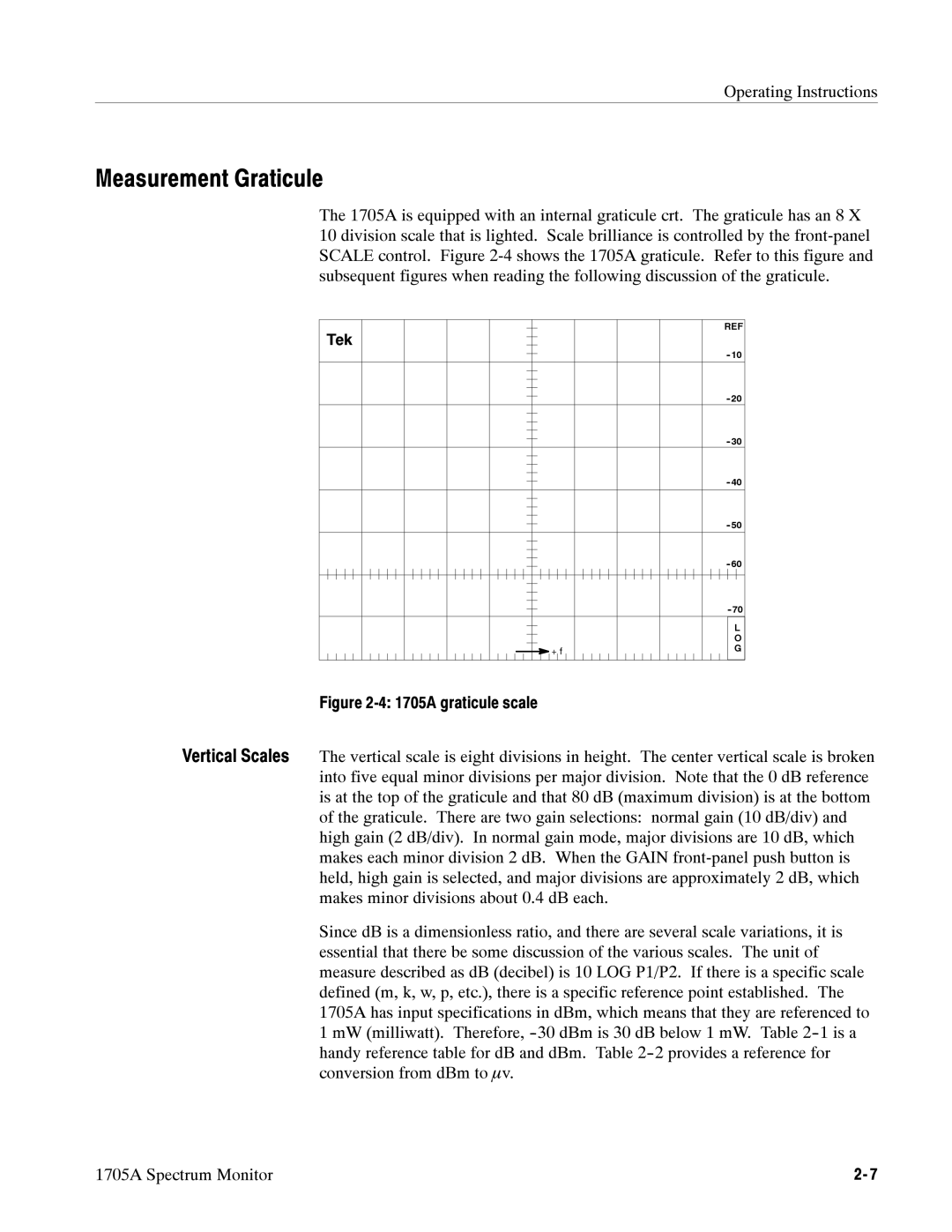 Tektronix instruction manual Measurement Graticule, 1705A graticule scale 