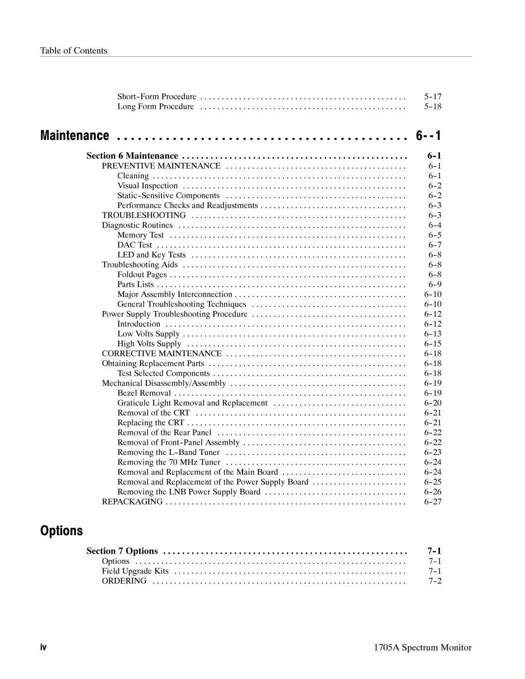 Tektronix 1705A instruction manual Maintenance, Options 