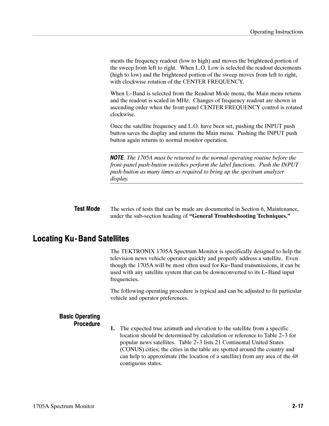 Tektronix 1705A instruction manual Locating Ku- Band Satellites, Basic Operating Procedure 