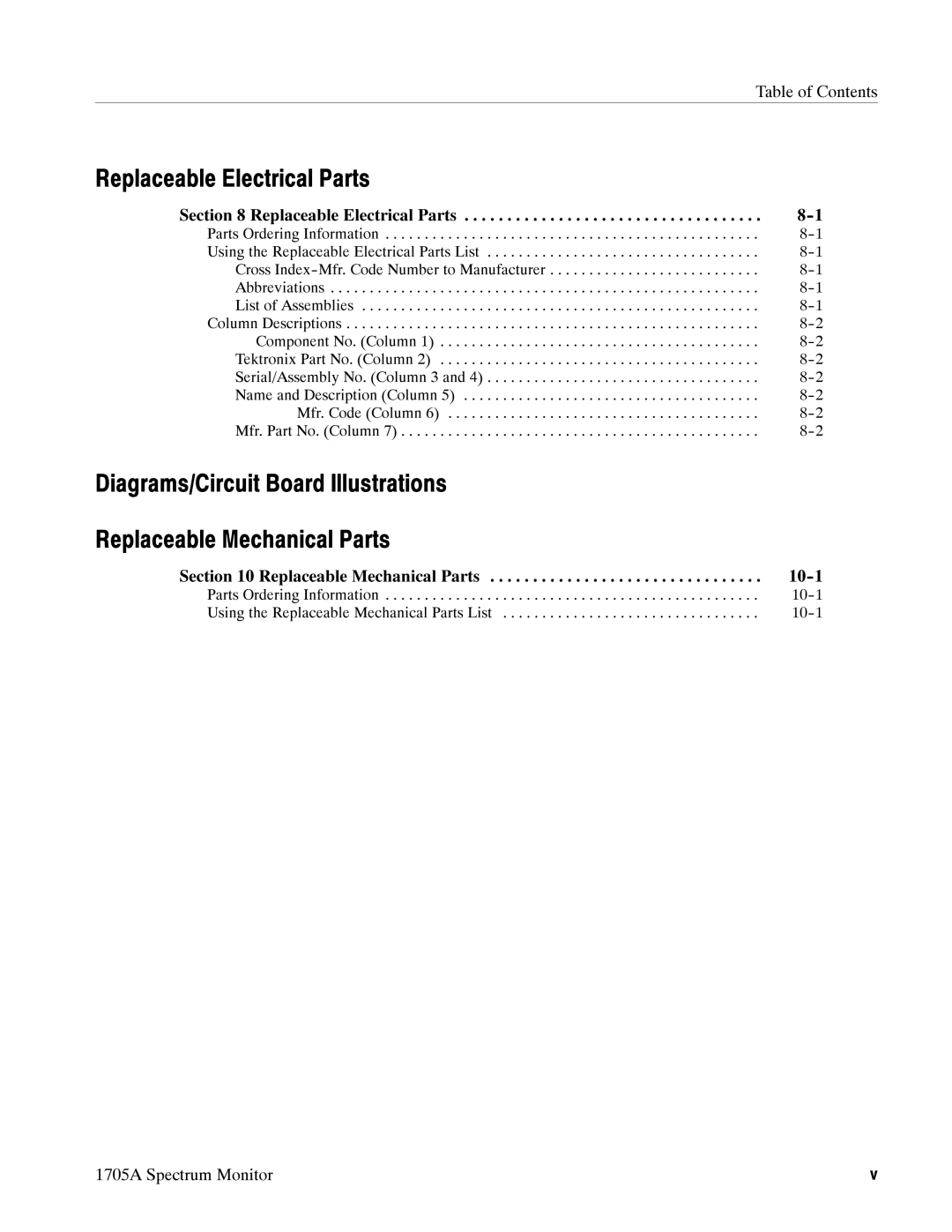 Tektronix 1705A instruction manual Replaceable Electrical Parts, Replaceable Mechanical Parts 10-1 