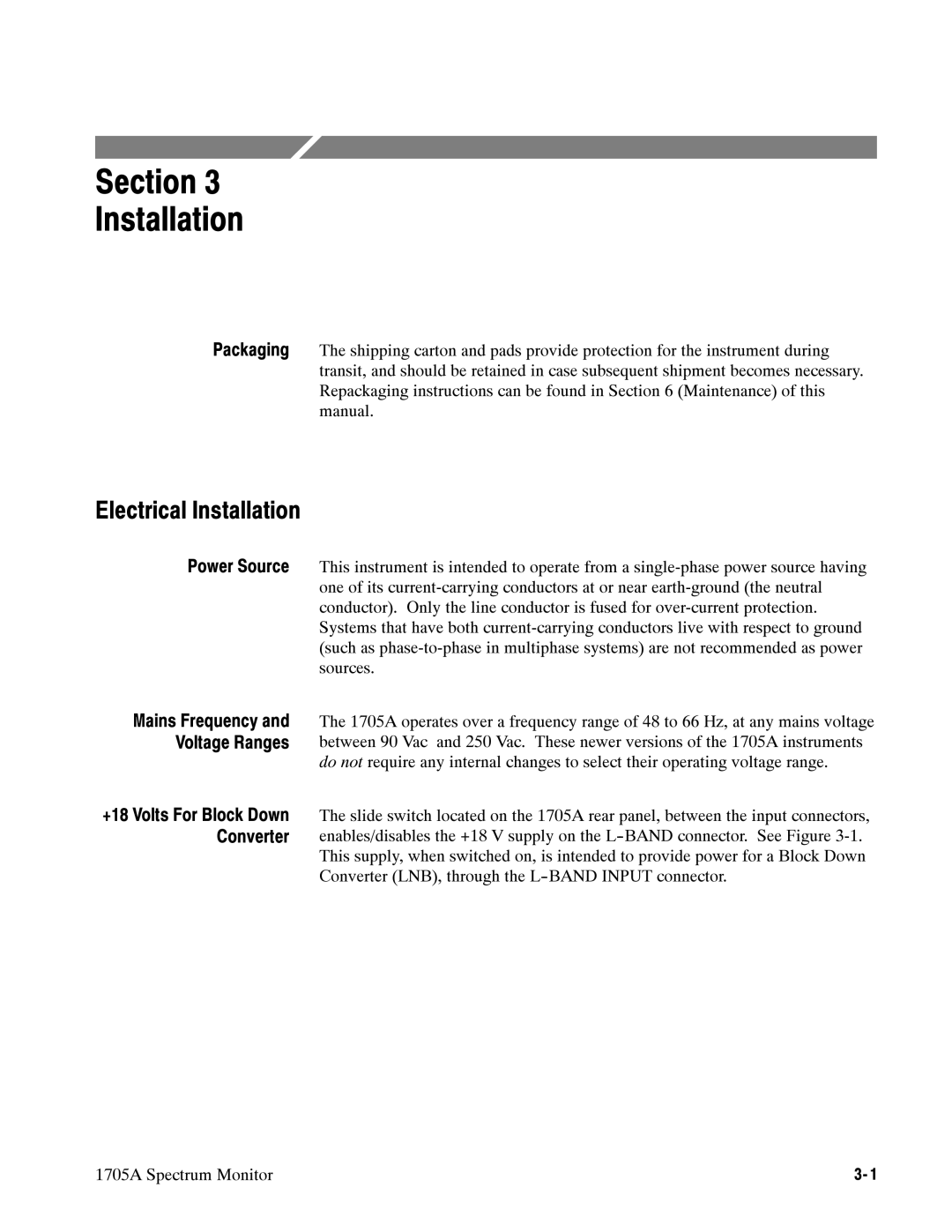 Tektronix 1705A instruction manual Section Installation, Electrical Installation 