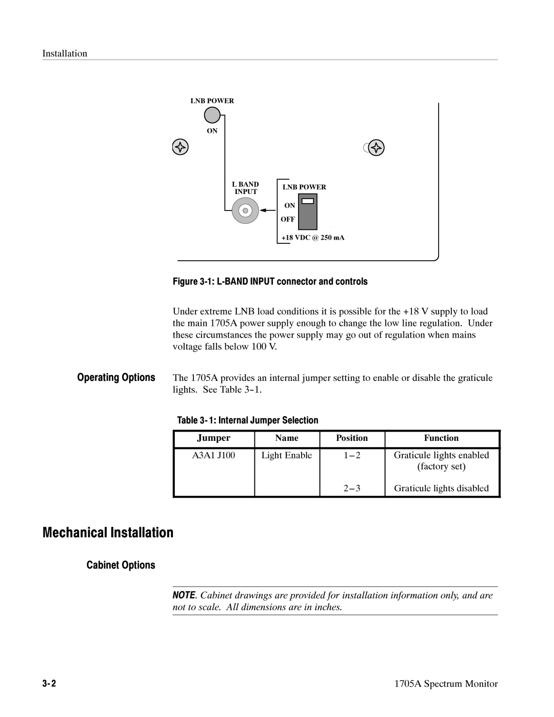 Tektronix 1705A instruction manual Mechanical Installation, Cabinet Options, LNB Power Band Input OFF 