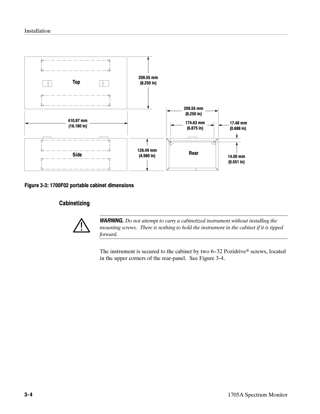 Tektronix 1705A instruction manual Cabinetizing, 1700F02 portable cabinet dimensions 