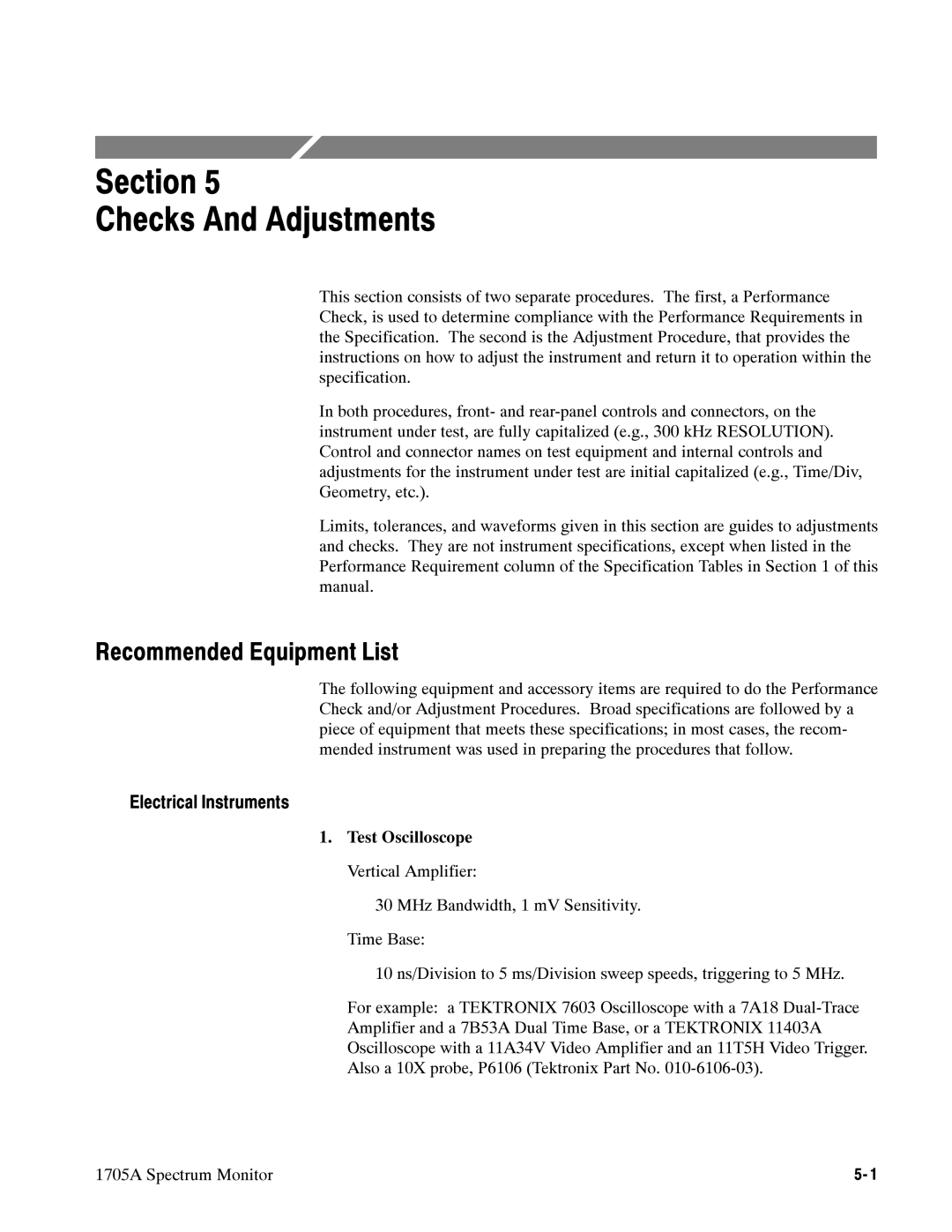 Tektronix 1705A instruction manual Section Checks And Adjustments, Recommended Equipment List, Electrical Instruments 