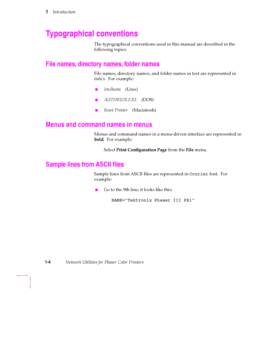 Tektronix 200 Series Typographical conventions, File names, directory names, folder names, Sample lines from Ascii Þles 