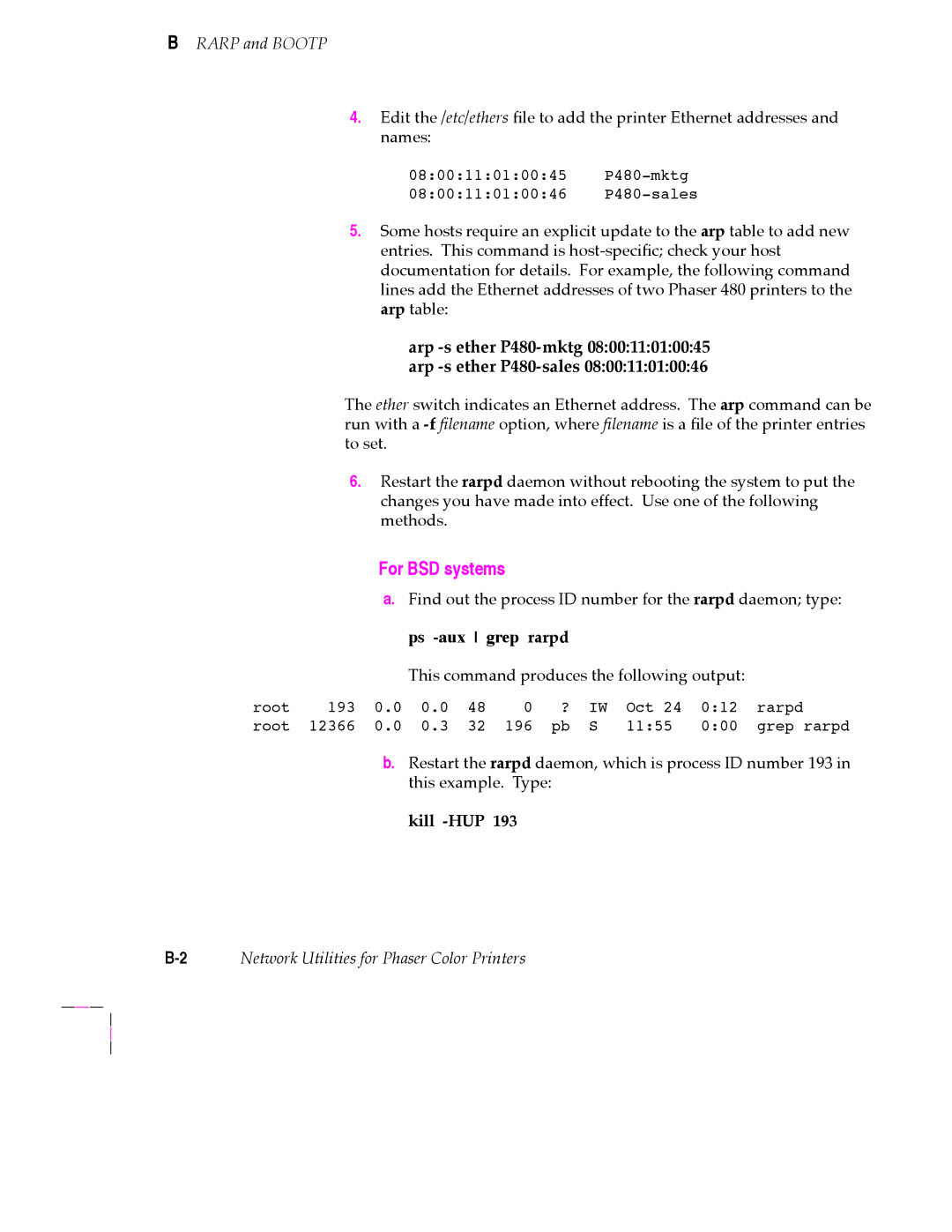 Tektronix 200 Series user manual For BSD systems, Rarp and Bootp, Kill -HUP 