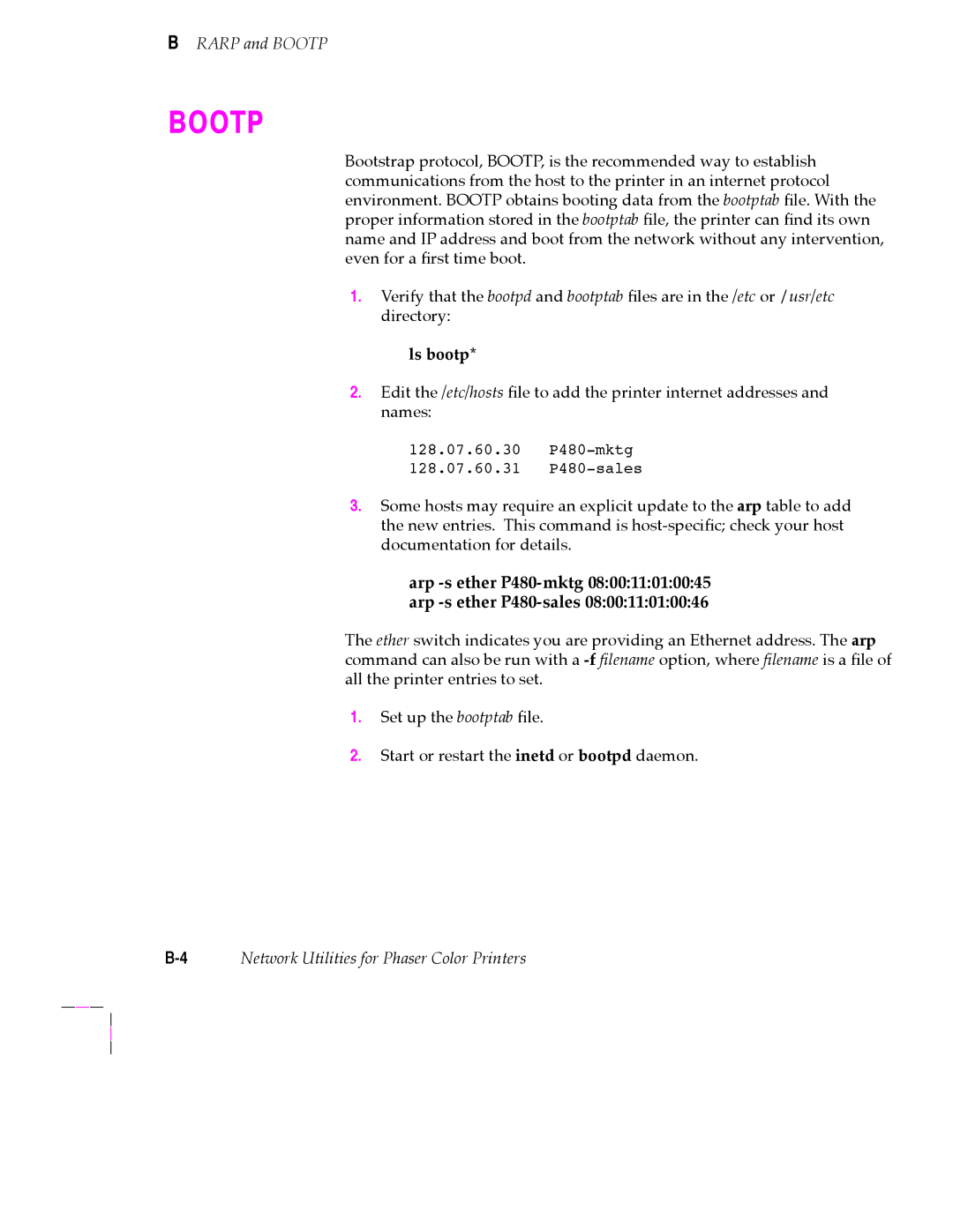 Tektronix 200 Series user manual Ls bootp, 4Network Utilities for Phaser Color Printers 