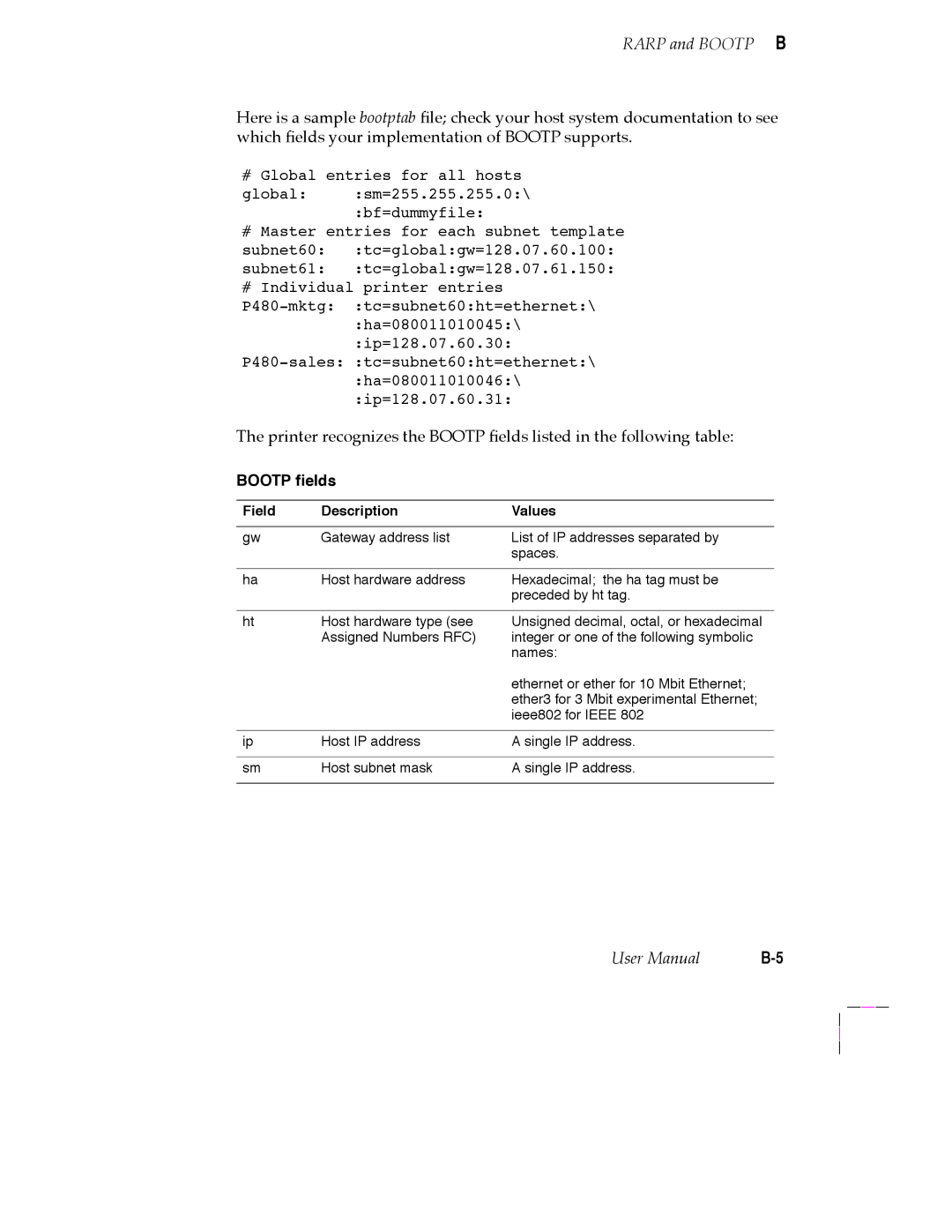 Tektronix 200 Series user manual Bootp Þelds, Field Description Values 