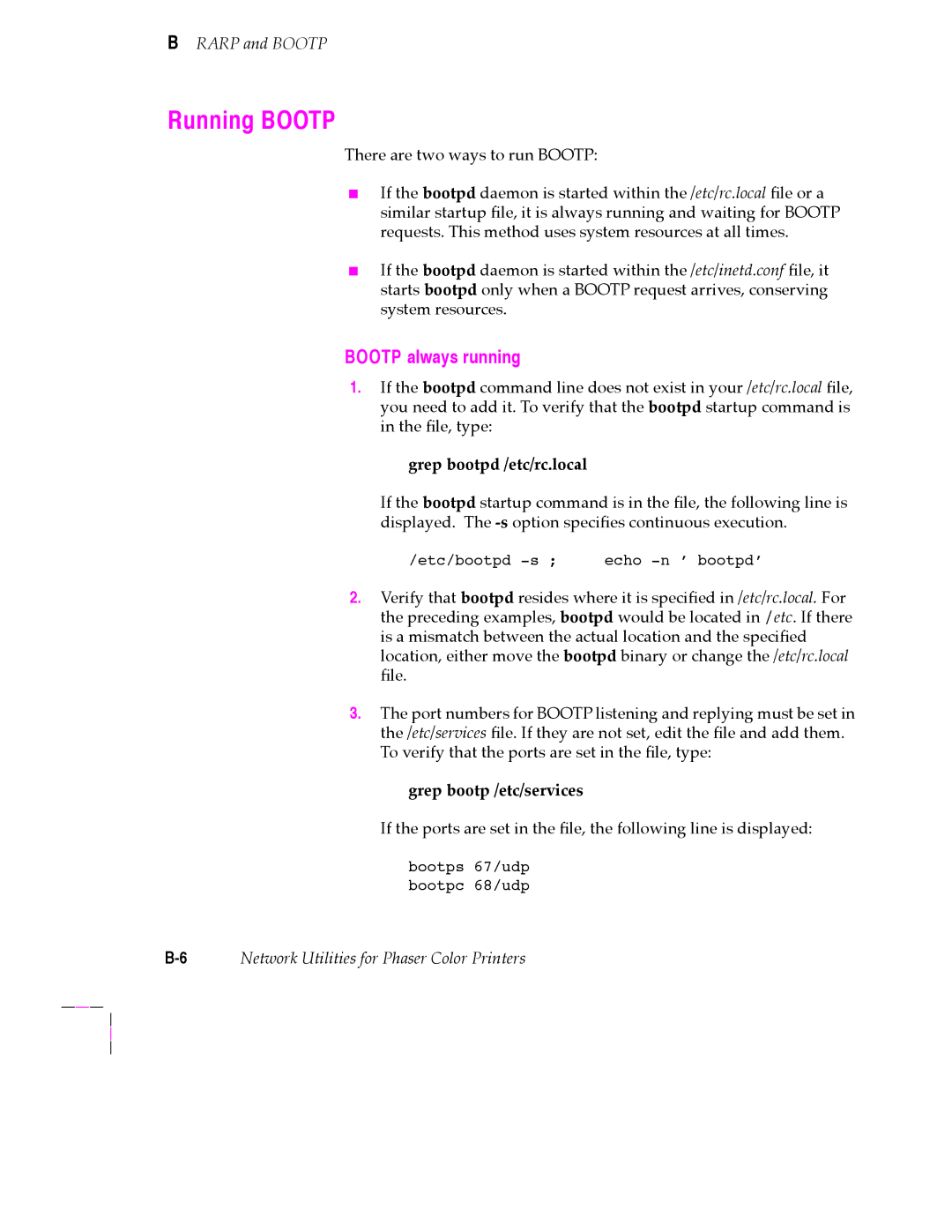 Tektronix 200 Series user manual Running Bootp, Bootp always running, Grep bootpd /etc/rc.local, Grep bootp /etc/services 