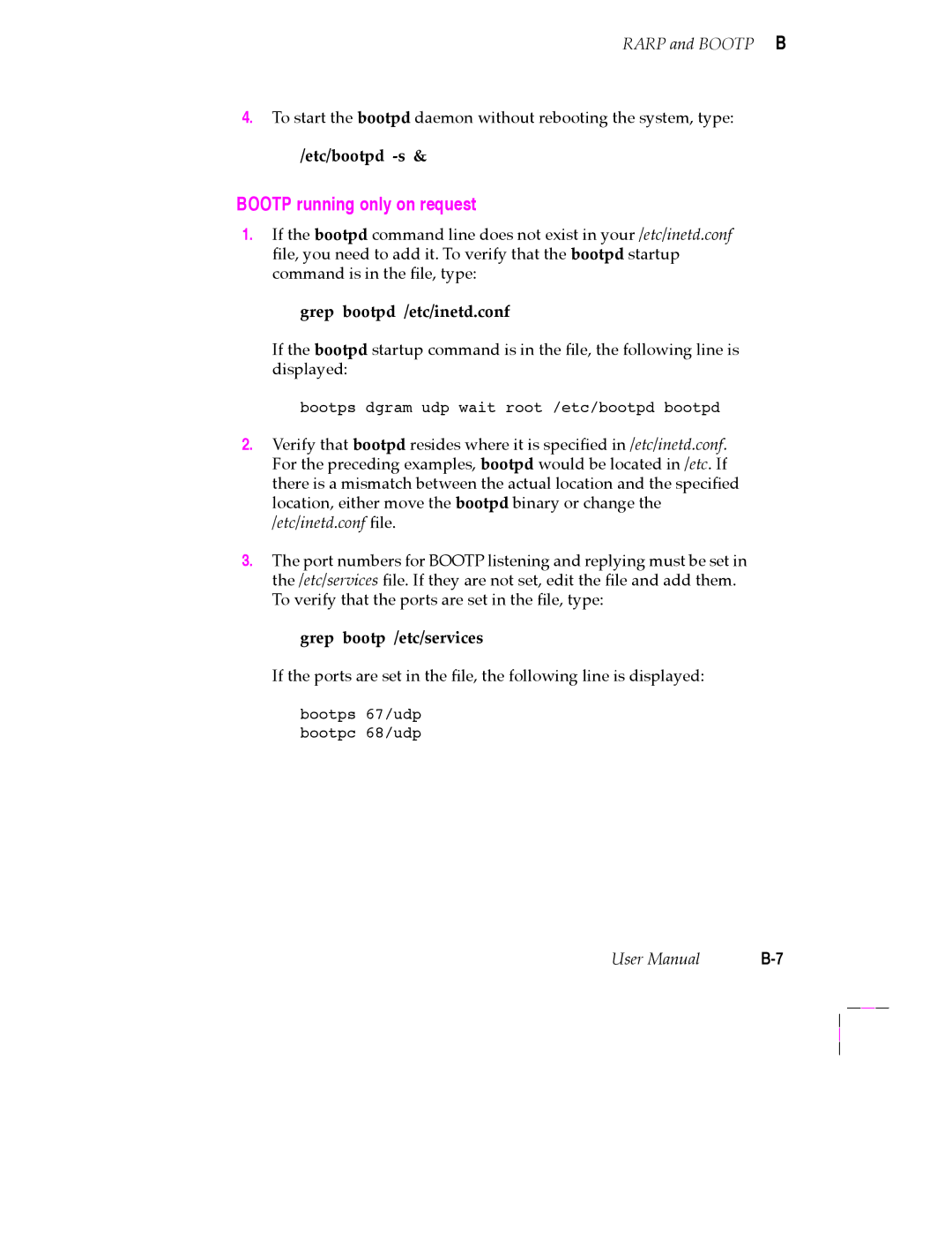 Tektronix 200 Series user manual Bootp running only on request, Etc/bootpd -s, Grep bootpd /etc/inetd.conf 