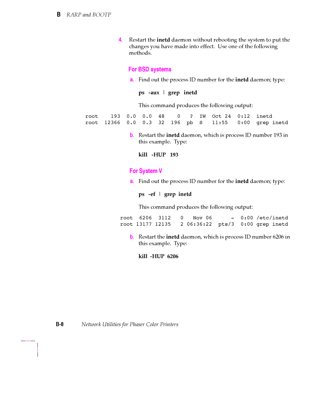 Tektronix 200 Series user manual For BSD systems, 8Network Utilities for Phaser Color Printers 