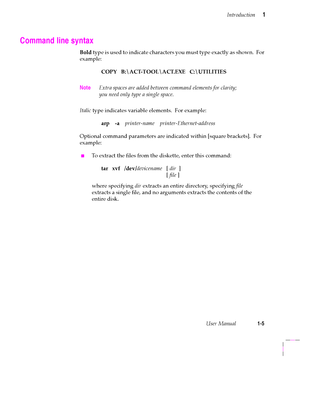 Tektronix 200 Series Command line syntax, Arp -aprinter-name printer-Ethernet-address, Tar xvf /dev/devicename dir Þle 