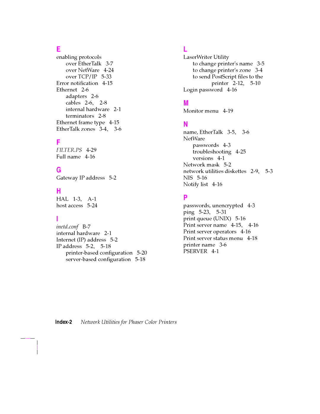 Tektronix 200 Series user manual Filter.Ps, Index-2Network Utilities for Phaser Color Printers 