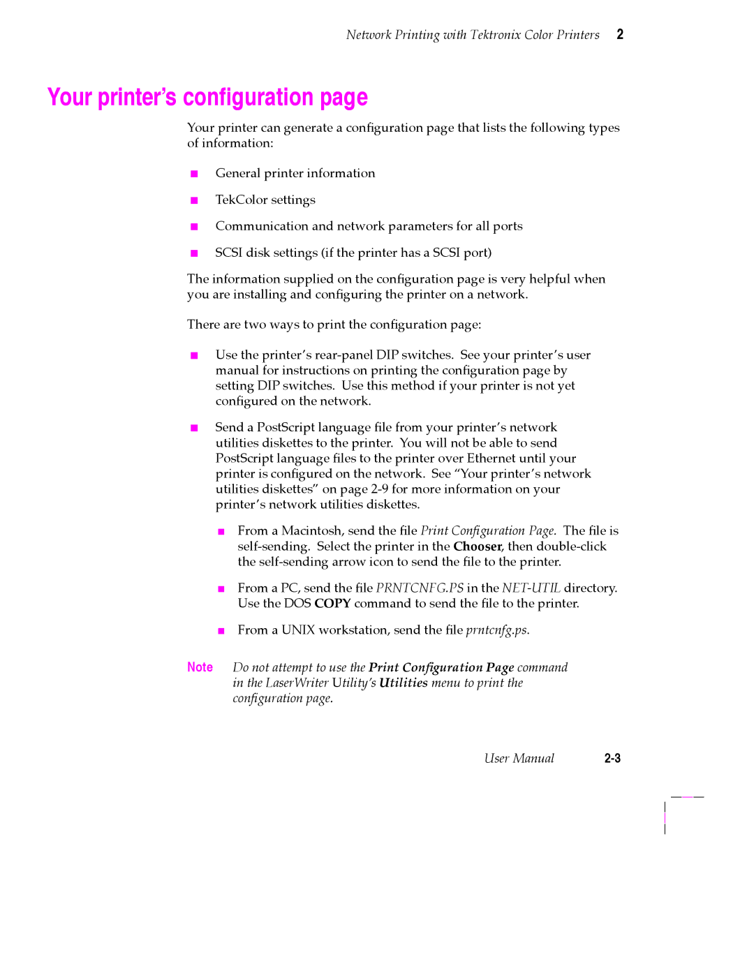 Tektronix 200 Series user manual Your printerÕs conÞguration 