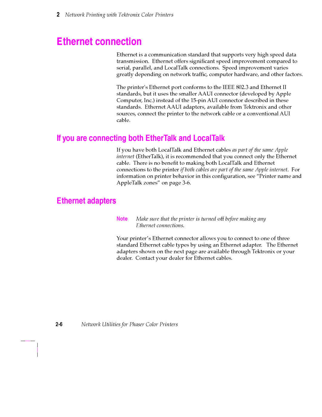 Tektronix 200 Series user manual Ethernet connection, If you are connecting both EtherTalk and LocalTalk, Ethernet adapters 