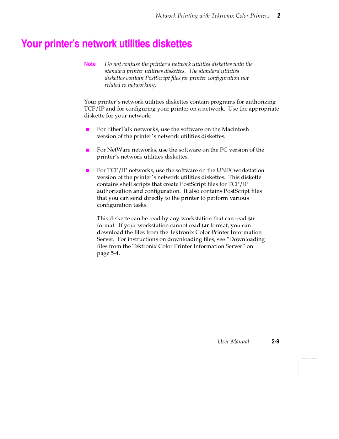 Tektronix 200 Series user manual Your printerÕs network utilities diskettes 