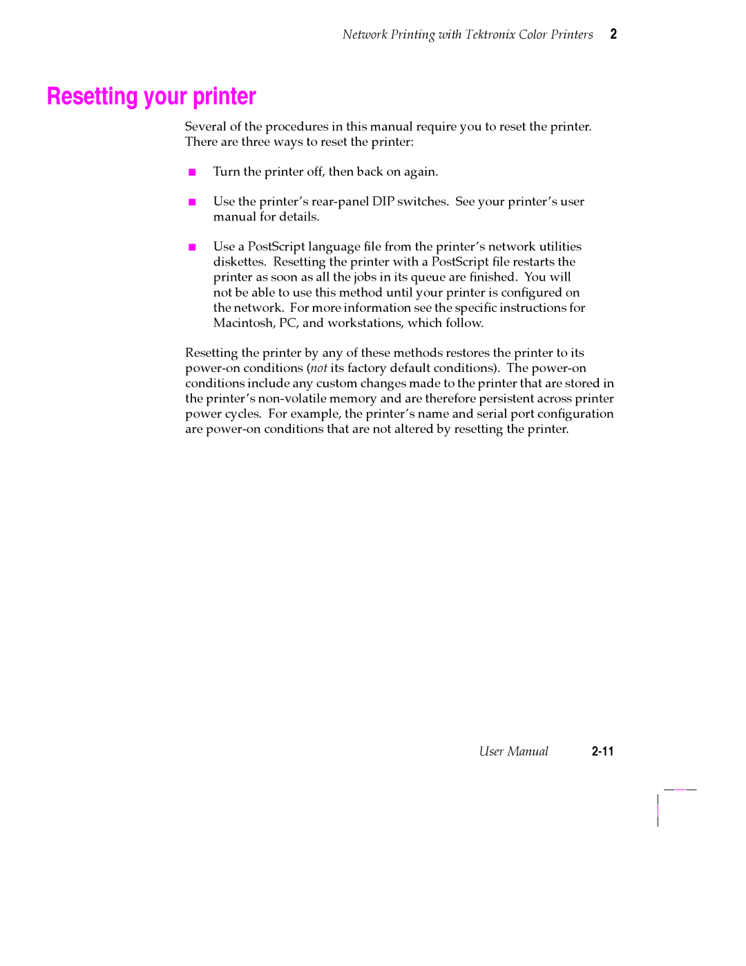 Tektronix 200 Series user manual Resetting your printer 