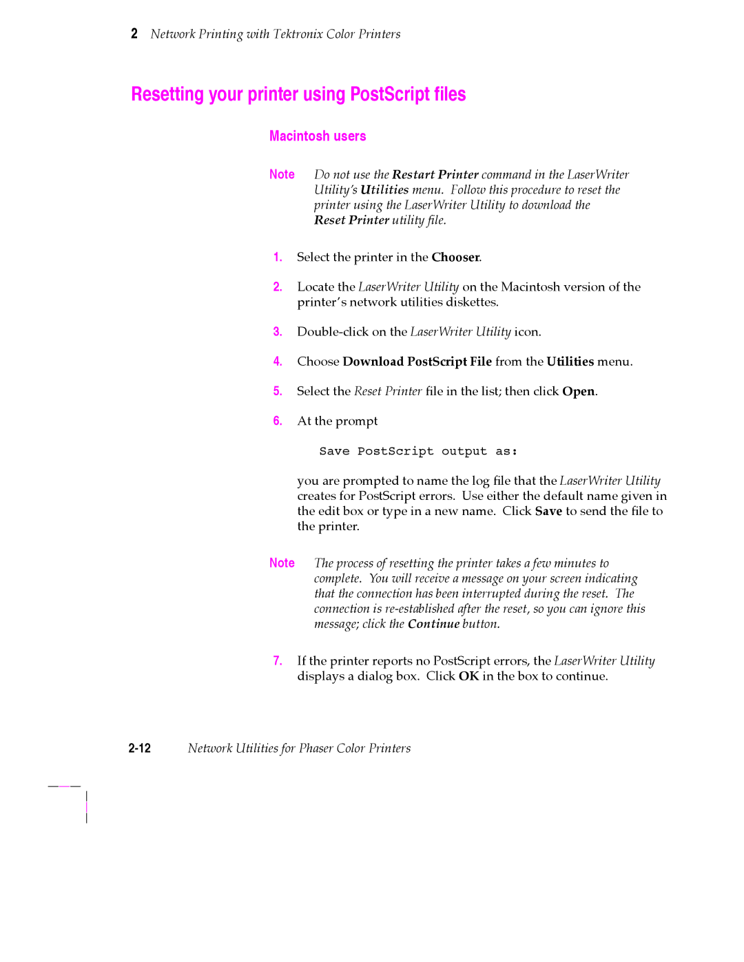 Tektronix 200 Series user manual Resetting your printer using PostScript Þles, Macintosh users 