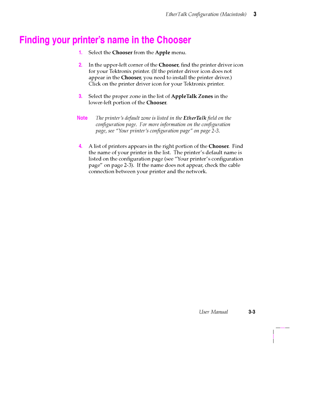 Tektronix 200 Series user manual Finding your printerÕs name in the Chooser 