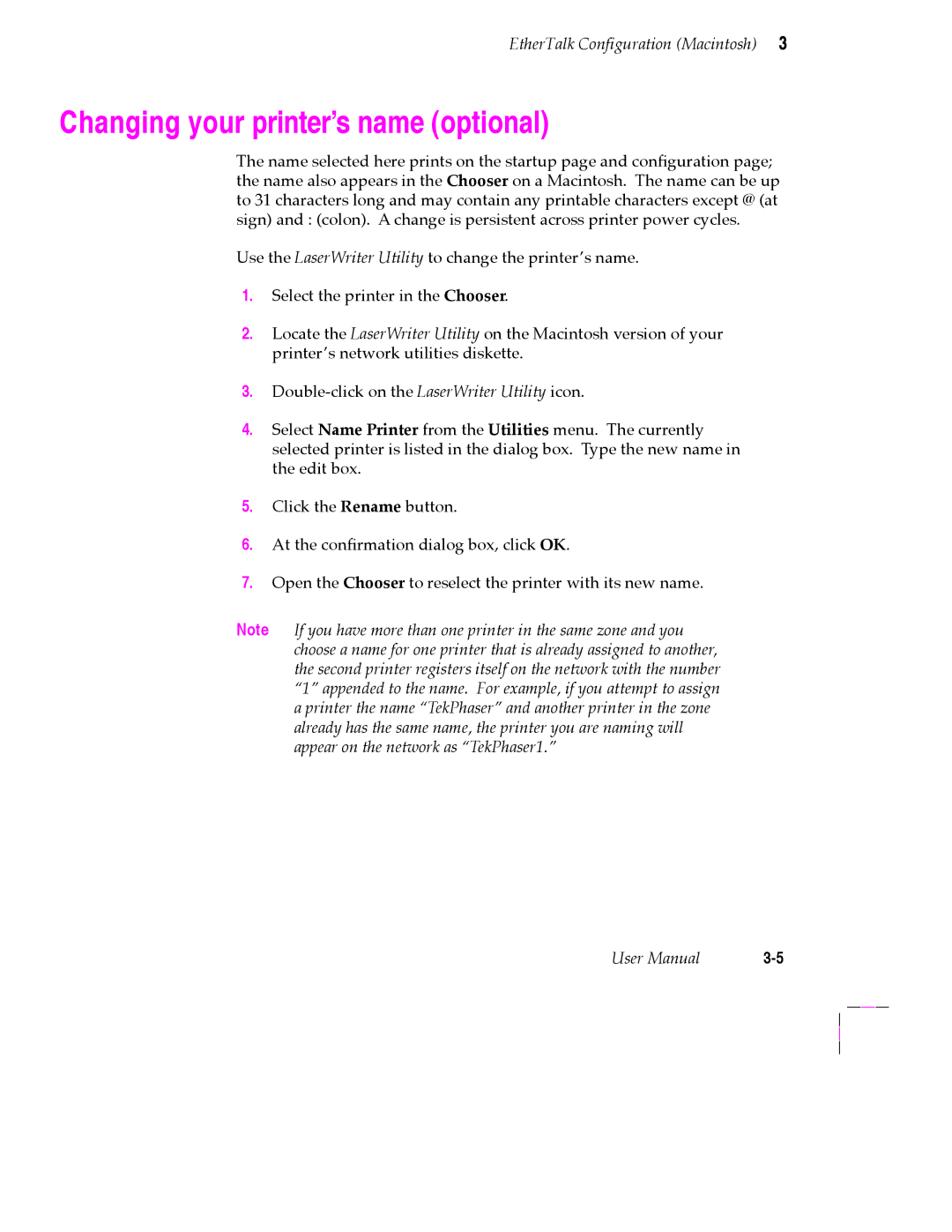 Tektronix 200 Series user manual Changing your printerÕs name optional 