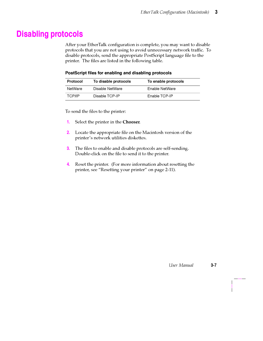 Tektronix 200 Series user manual Disabling protocols, PostScript Þles for enabling and disabling protocols 