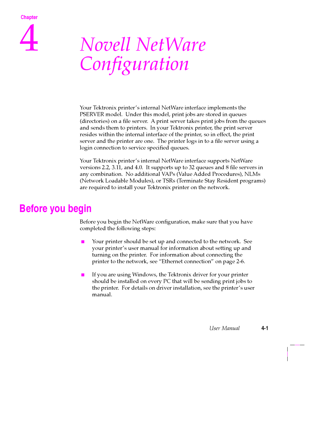 Tektronix 200 Series user manual Novell NetWare Configuration 