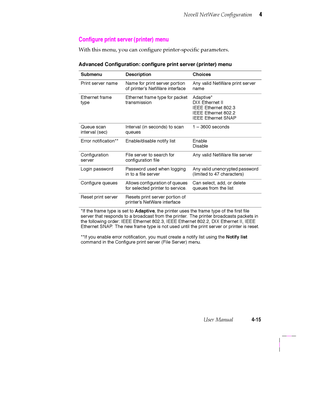 Tektronix 200 Series Configure print server printer menu, Advanced ConÞguration conÞgure print server printer menu 