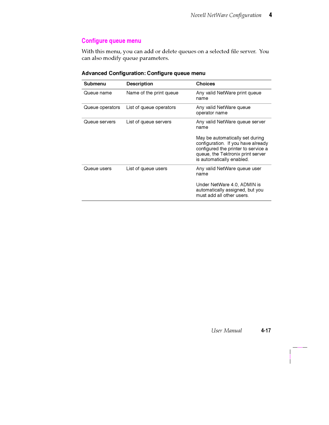 Tektronix 200 Series user manual Configure queue menu, Advanced ConÞguration ConÞgure queue menu 