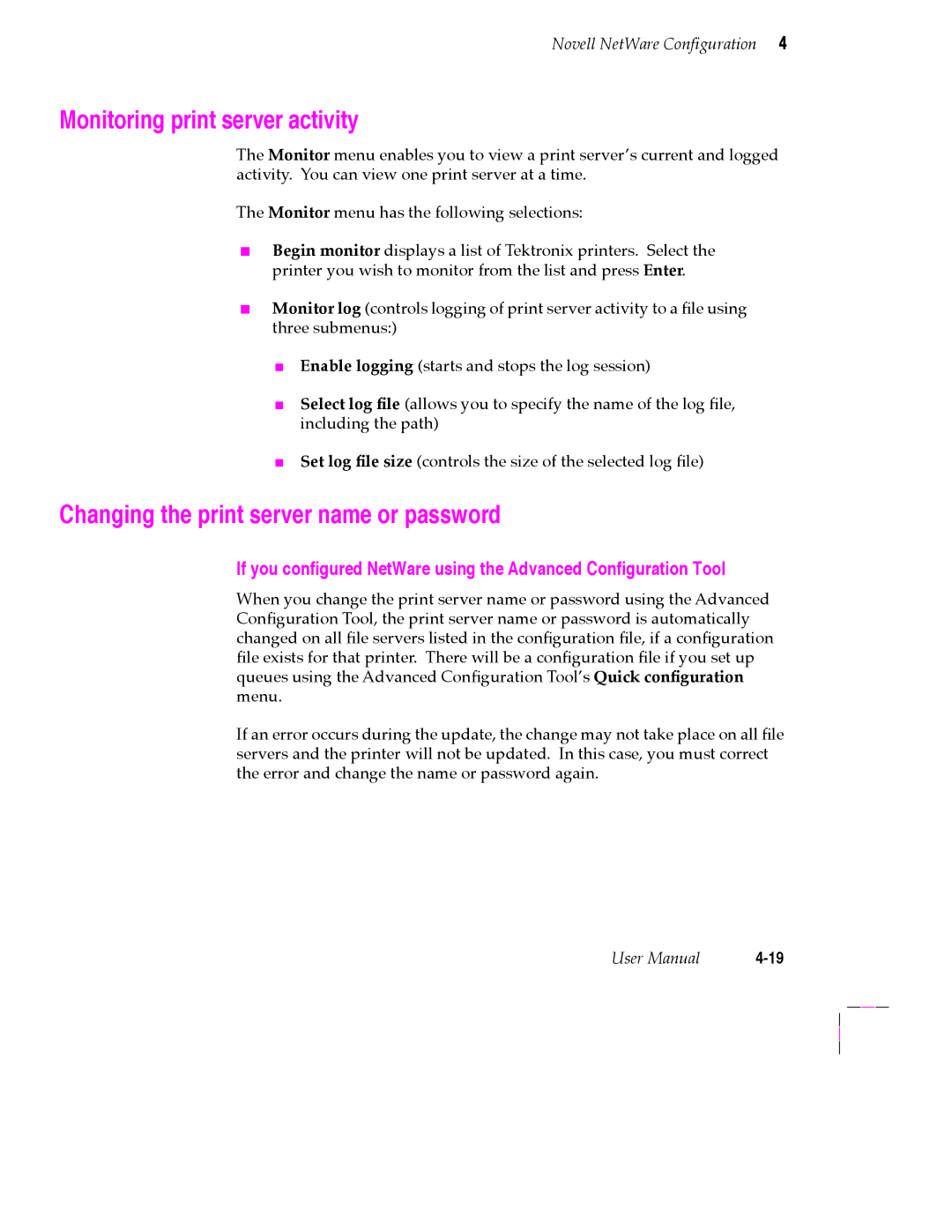 Tektronix 200 Series user manual Monitoring print server activity, Changing the print server name or password 