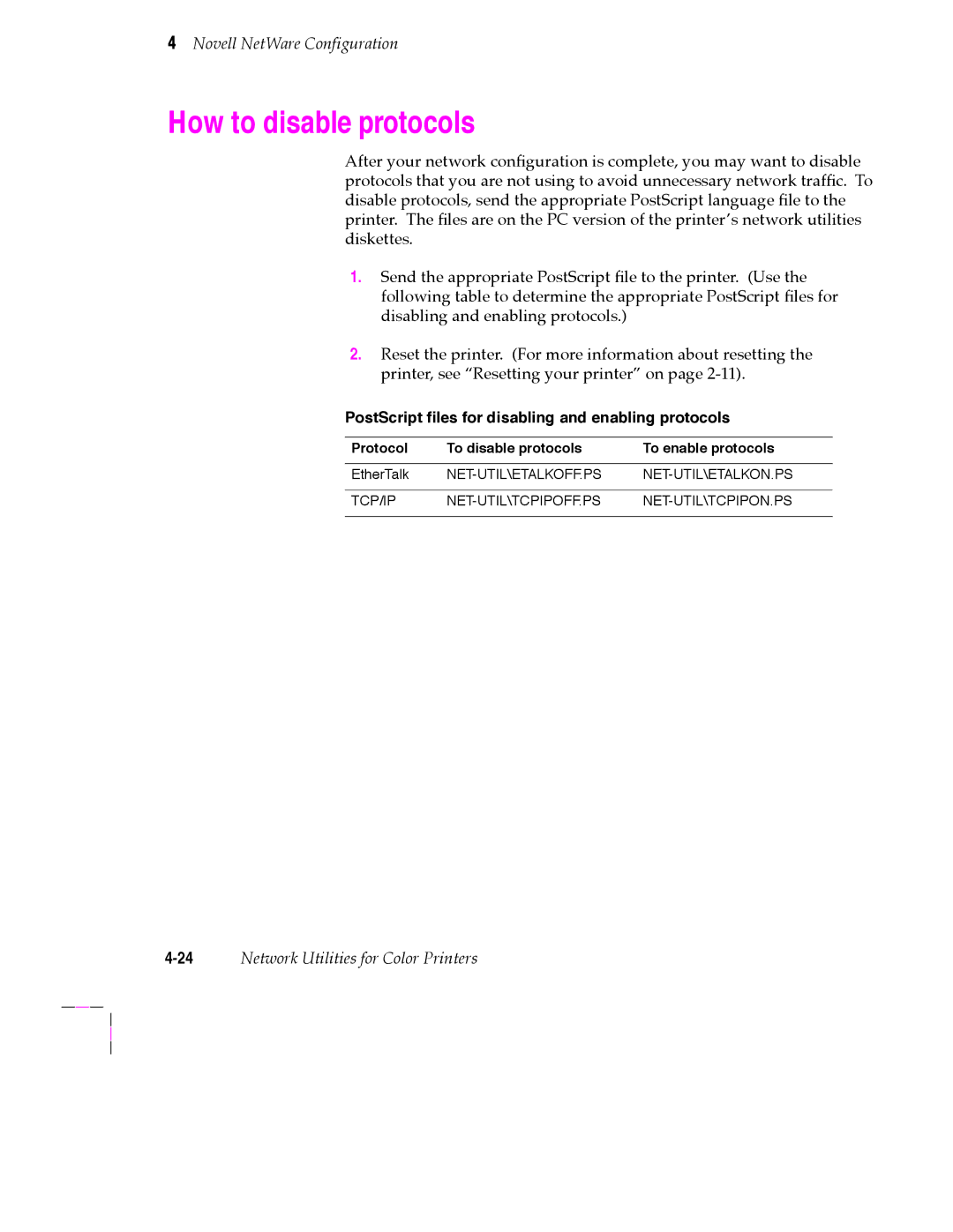 Tektronix 200 Series user manual How to disable protocols, 24Network Utilities for Color Printers 