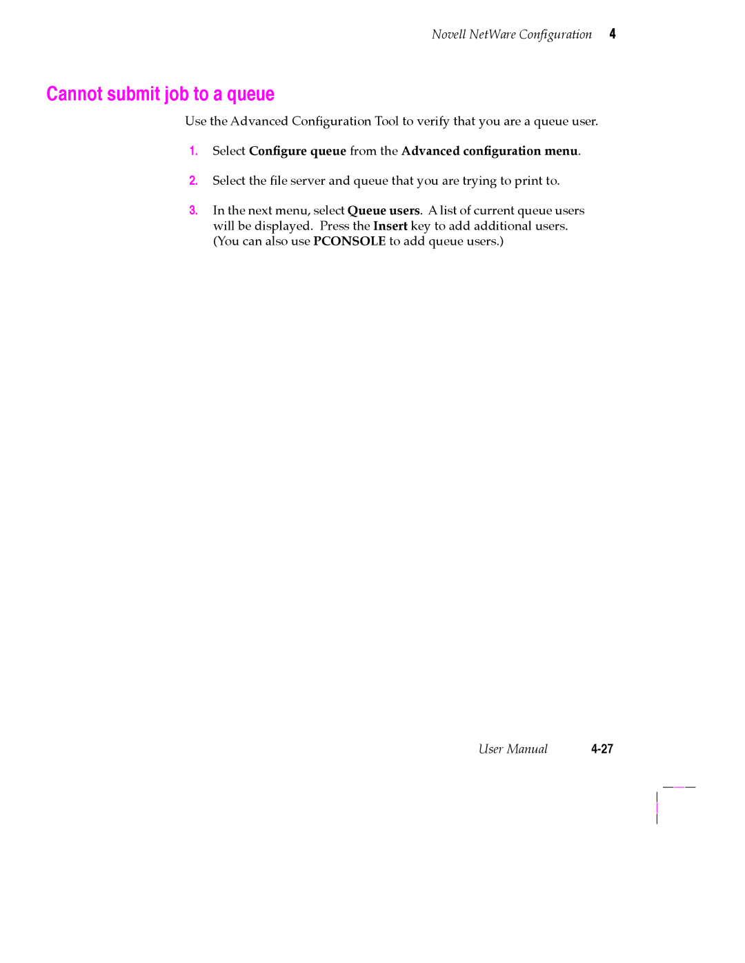 Tektronix 200 Series user manual Cannot submit job to a queue, Select ConÞgure queue from the Advanced conÞguration menu 