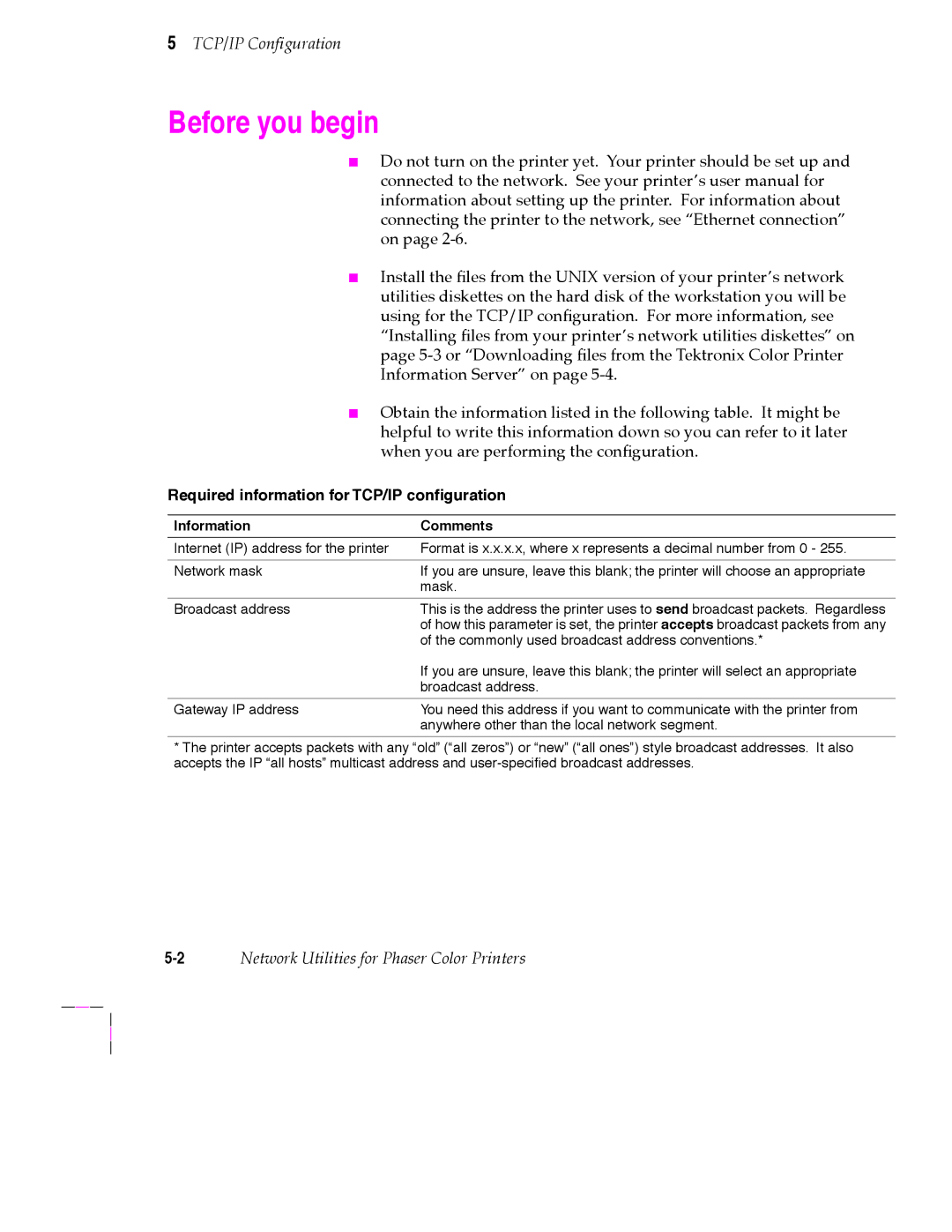 Tektronix 200 Series user manual TCP/IP Configuration, Required information for TCP/IP conÞguration, Information Comments 