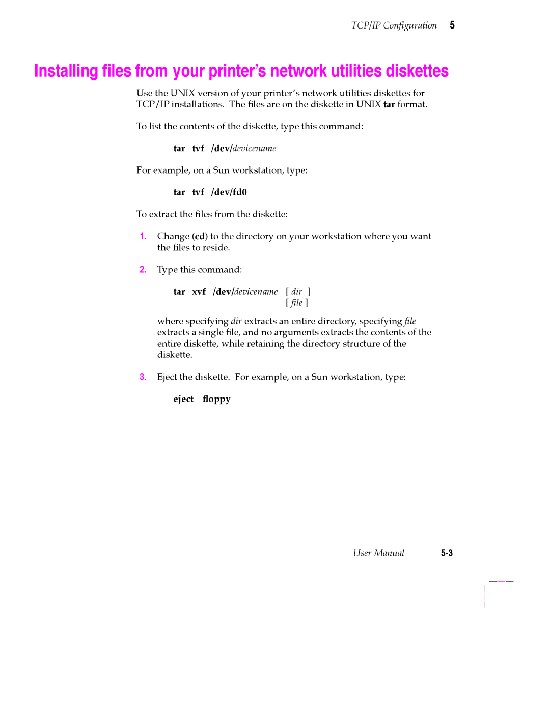 Tektronix 200 Series user manual Tar tvf /dev/devicename, Tar tvf /dev/fd0 