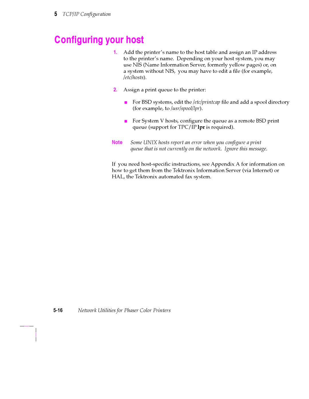 Tektronix 200 Series user manual ConÞguring your host, 16Network Utilities for Phaser Color Printers 