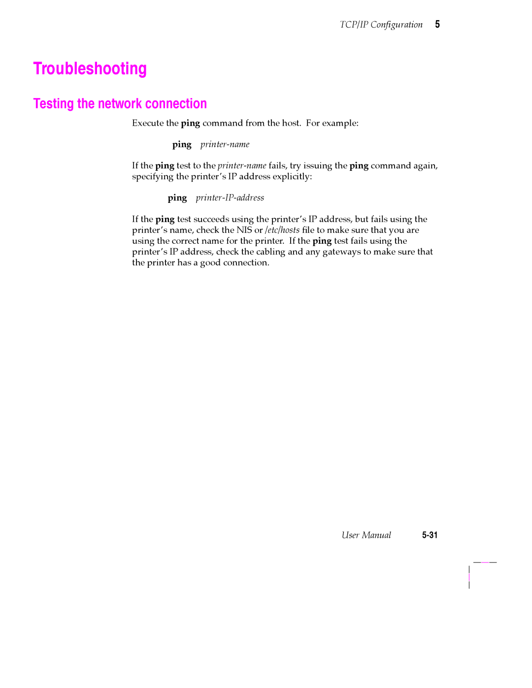 Tektronix 200 Series user manual Testing the network connection, Ping printer-name, Ping printer-IP-address 