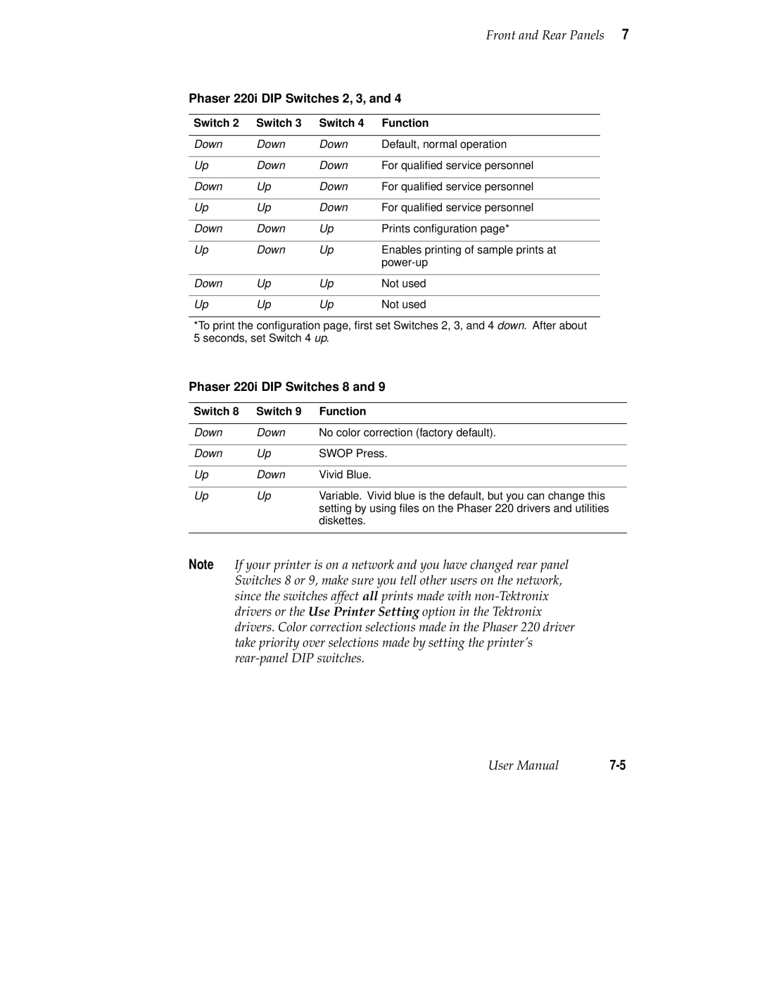 Tektronix 220e user manual Phaser 220i DIP Switches 2, 3, Phaser 220i DIP Switches 8 