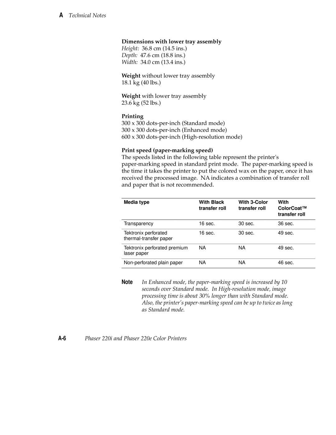 Tektronix 220i, 220e user manual Dimensions with lower tray assembly, Printing, Print speed paper-marking speed 