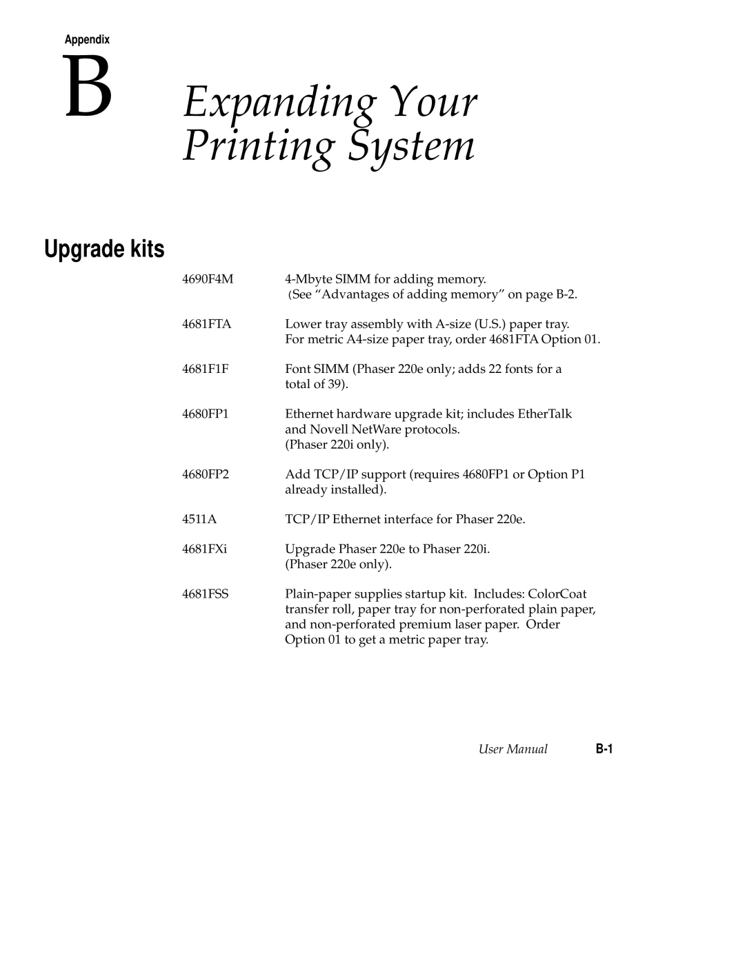 Tektronix 220e, 220i user manual Expanding Your Printing System, Upgrade kits 