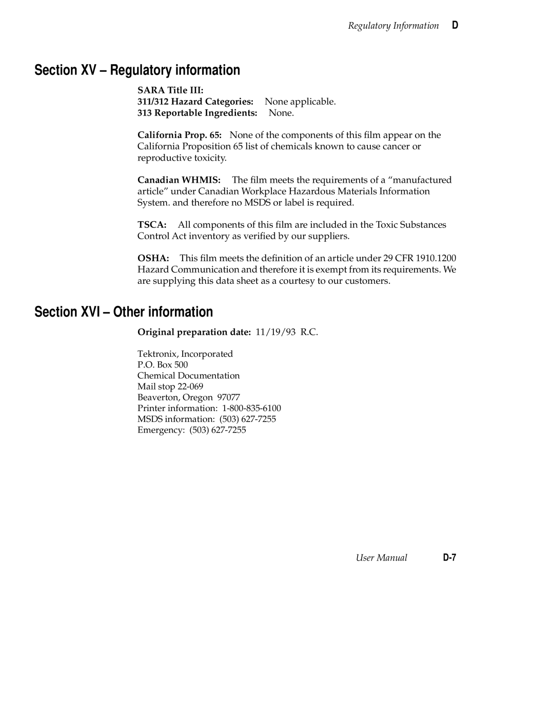 Tektronix 220e Section XV Regulatory information, Section XVI Other information, Original preparation date 11/19/93 R.C 