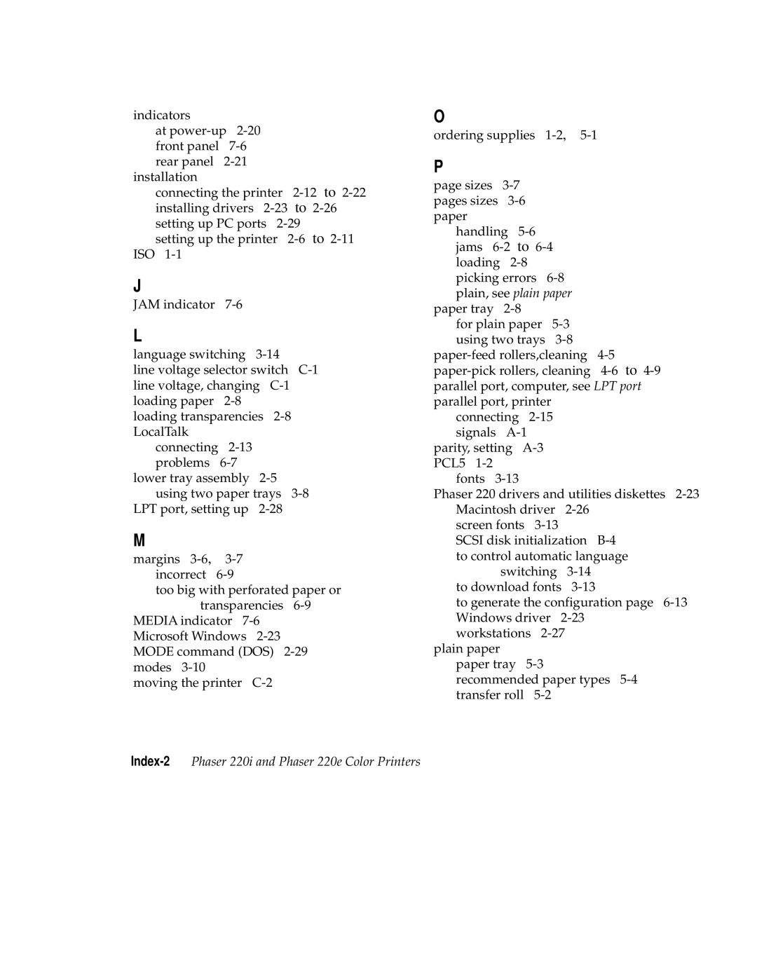 Tektronix user manual Index-2Phaser 220i and Phaser 220e Color Printers 