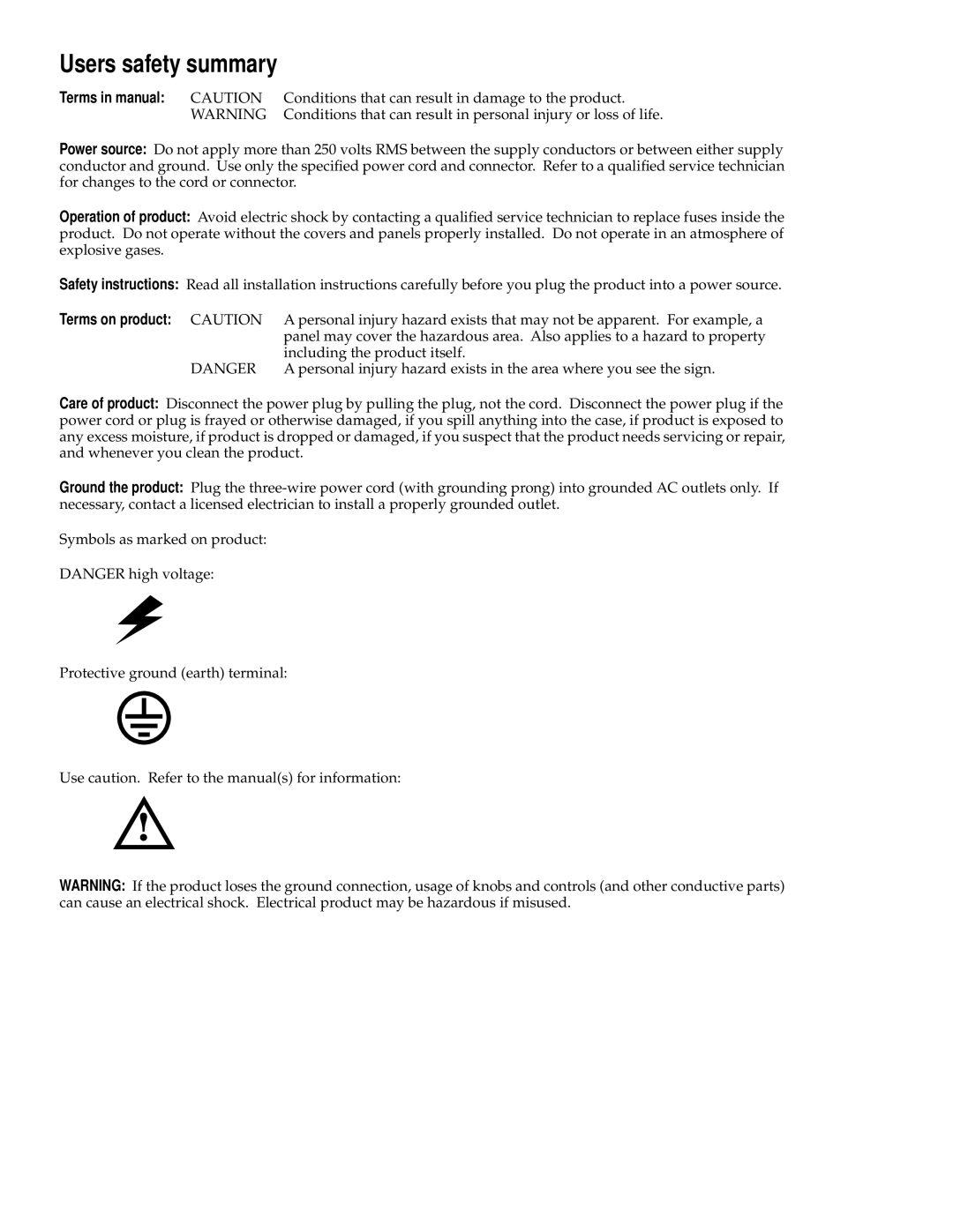 Tektronix 220e, 220i user manual Users safety summary, Terms in manual Caution, Terms on product Caution 