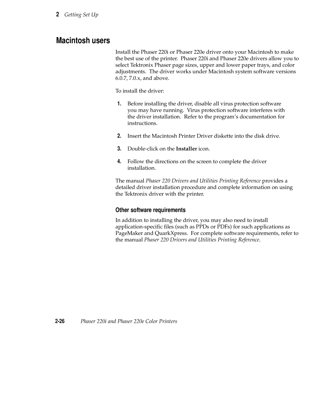 Tektronix 220i, 220e user manual Macintosh users, Other software requirements 