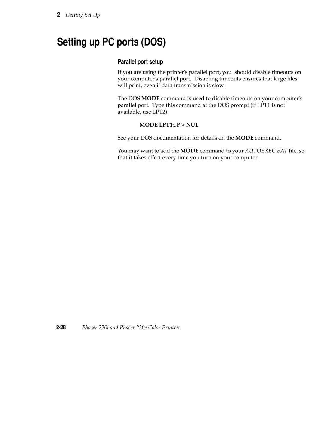 Tektronix 220i, 220e user manual Setting up PC ports DOS, Parallel port setup 