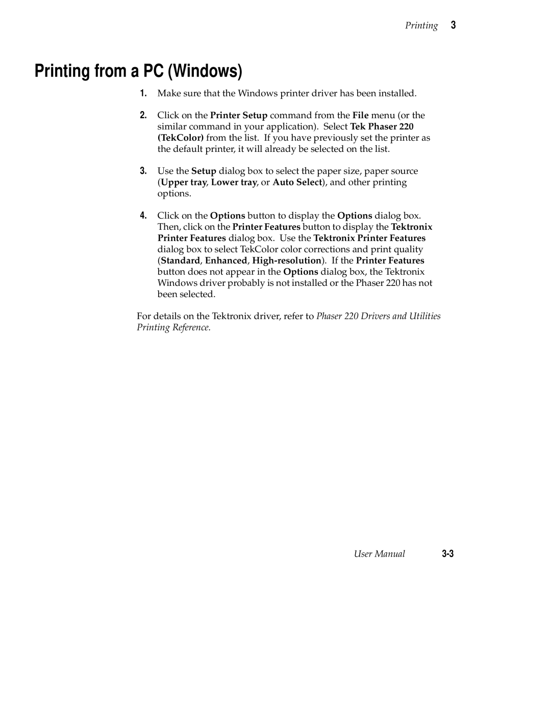 Tektronix 220e, 220i user manual Printing from a PC Windows 