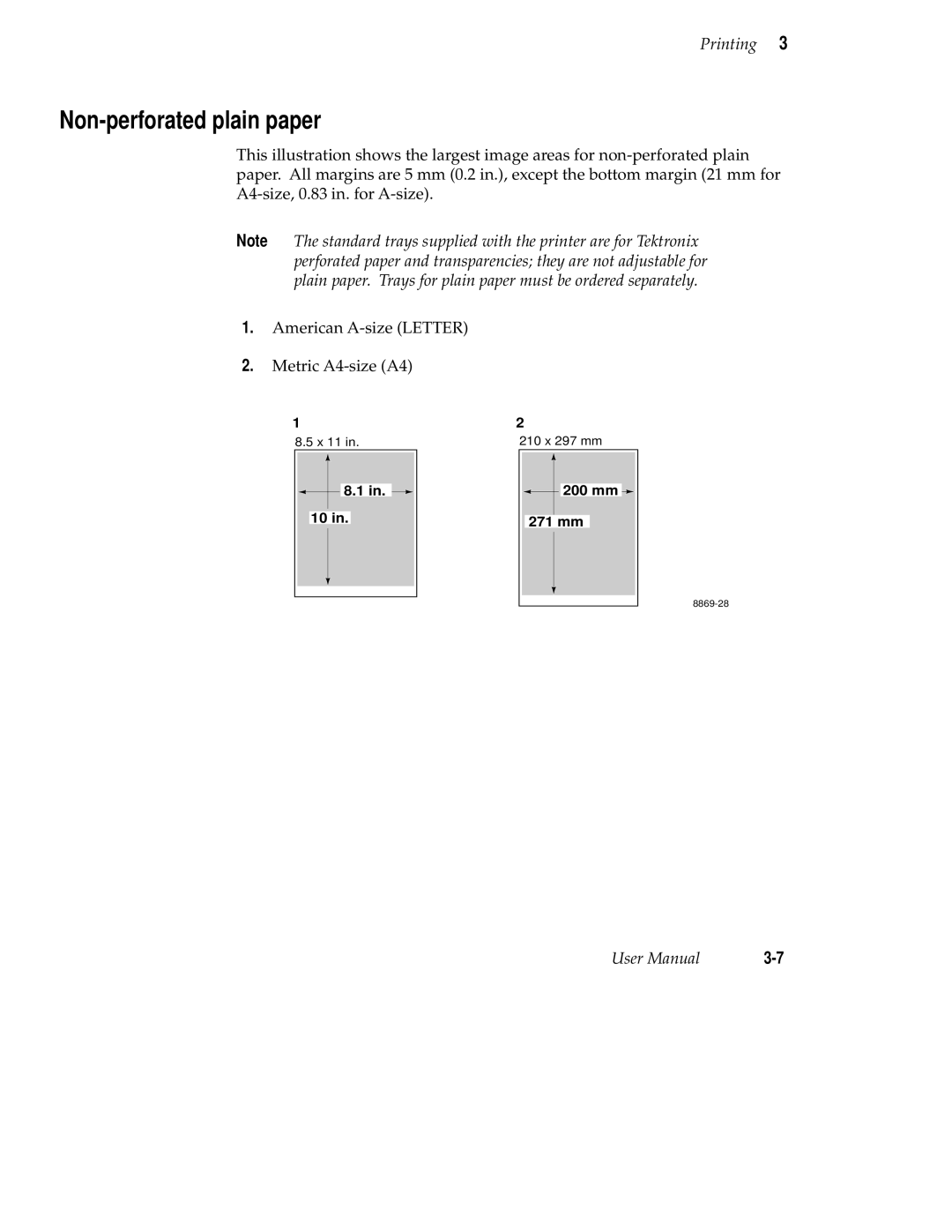 Tektronix 220e, 220i user manual Non-perforated plain paper, 200 mm 271 mm 