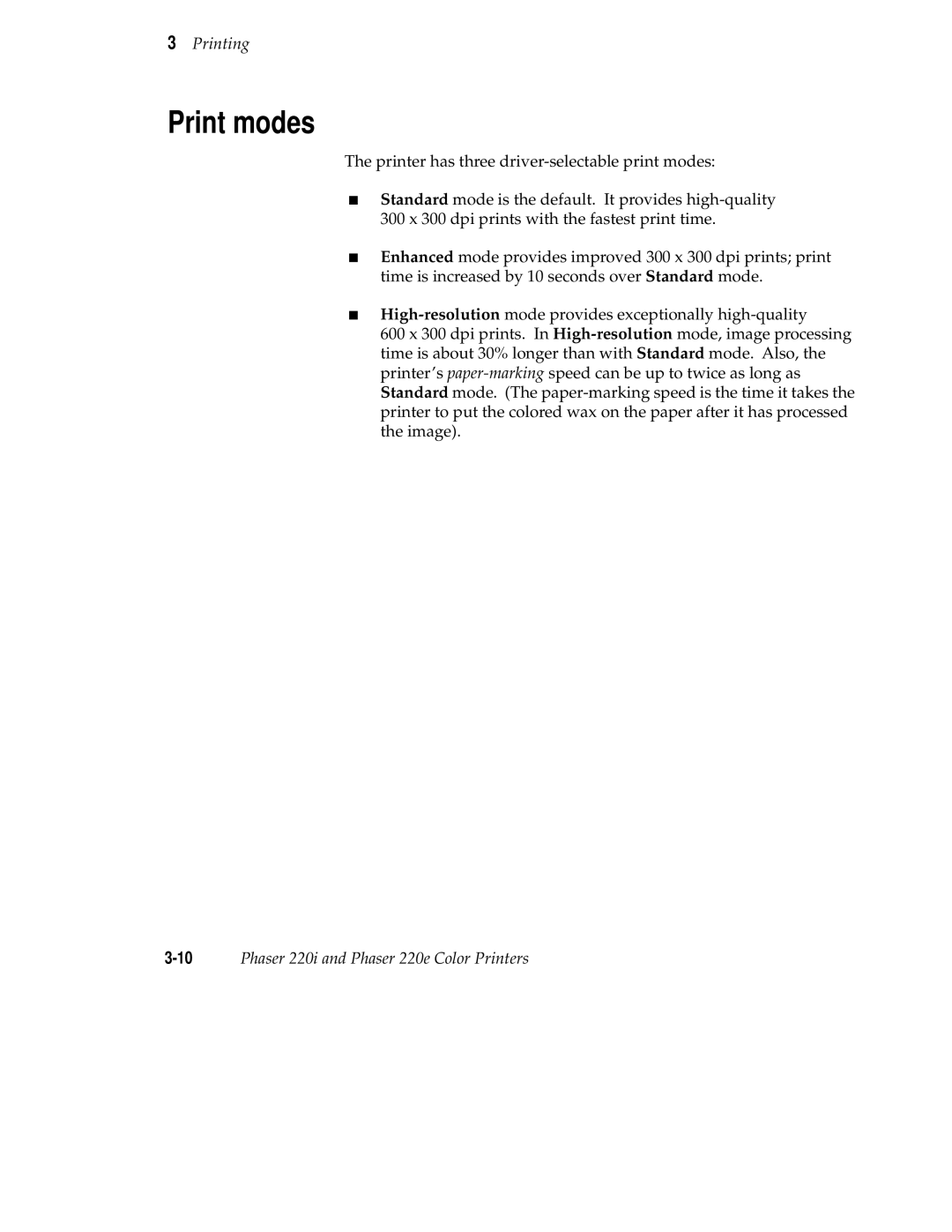 Tektronix 220i, 220e user manual Print modes 