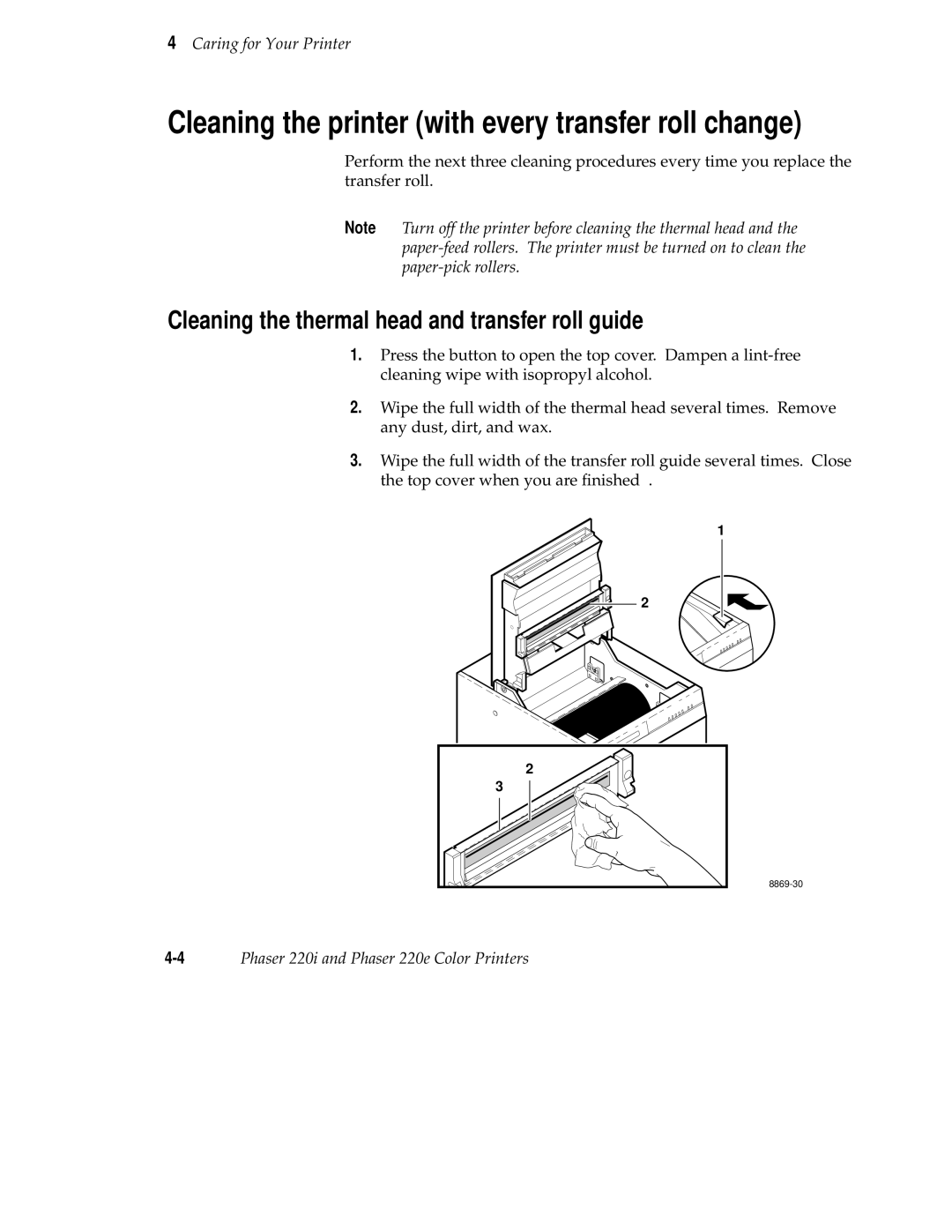 Tektronix 220i Cleaning the printer with every transfer roll change, Cleaning the thermal head and transfer roll guide 