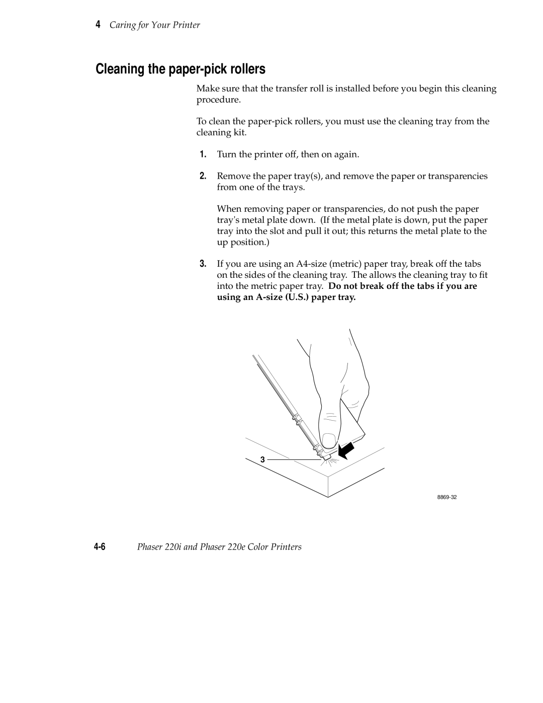 Tektronix 220i, 220e user manual Cleaning the paper-pick rollers 