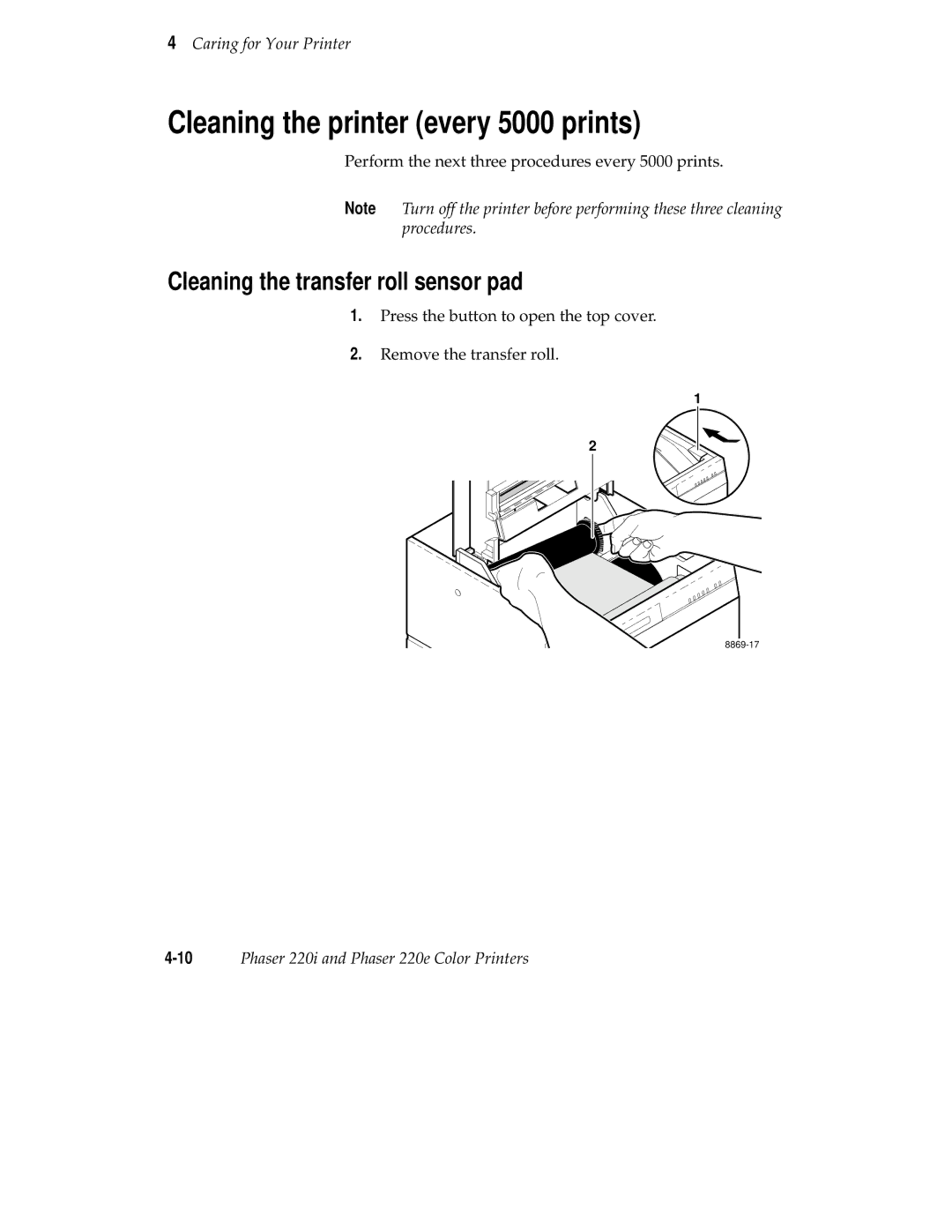 Tektronix 220i, 220e user manual Cleaning the printer every 5000 prints, Cleaning the transfer roll sensor pad 