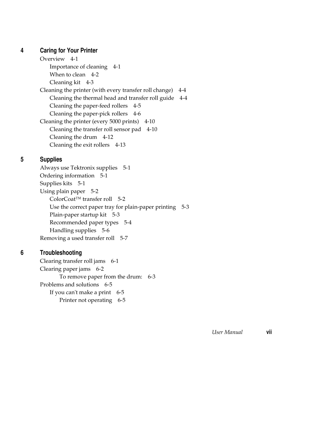 Tektronix 220e, 220i user manual Caring for Your Printer, Supplies, Troubleshooting, Vii 